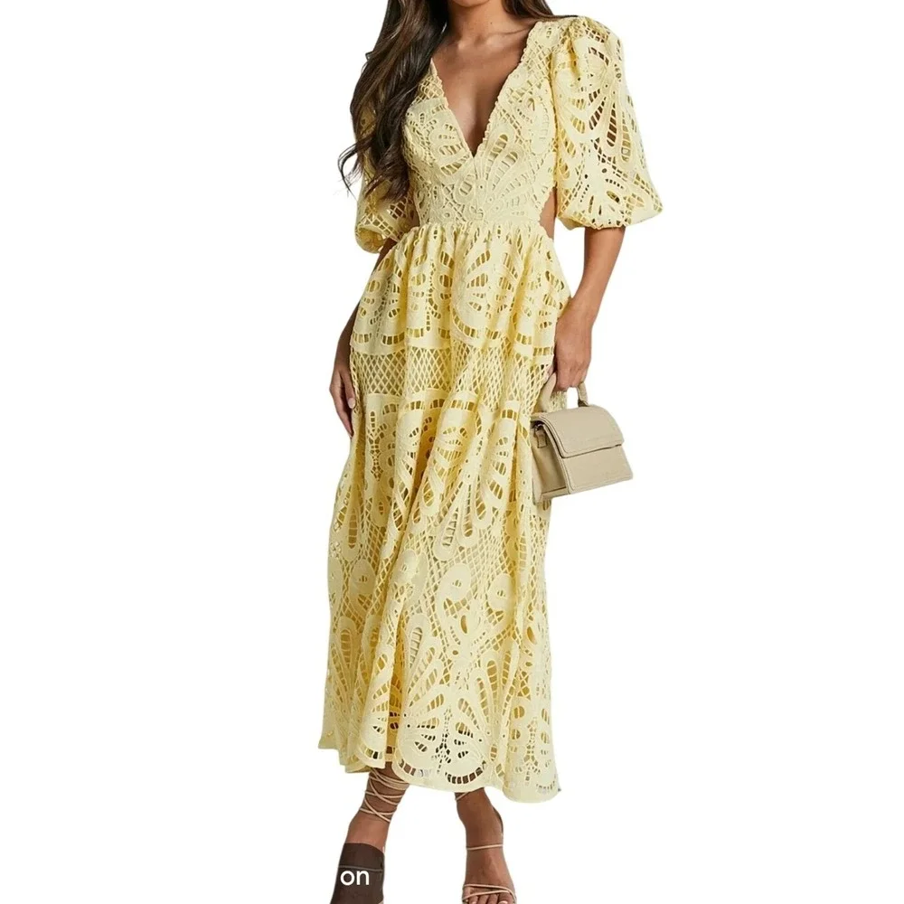 Yellow Guipure Lace Cut Out Maxi Dress Puff Sleeve Open Back V- Neck XL